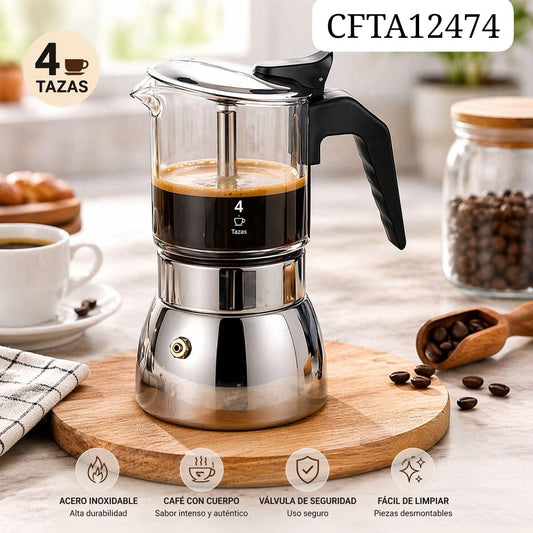 CAFETERA ITALIANA 4 TAZAS (VIDRIO + ACERO)